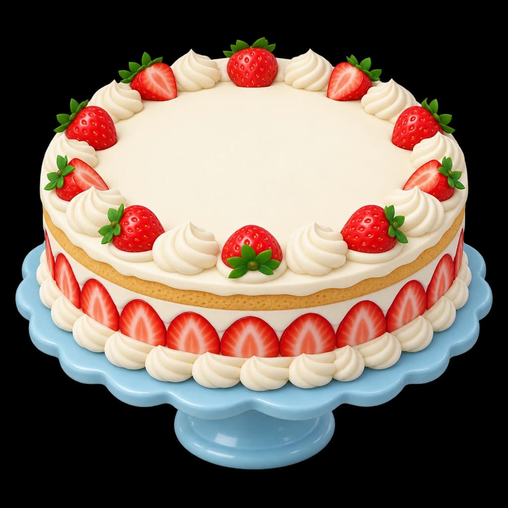 A strawberry cream layer cake resting on a blue cake stand